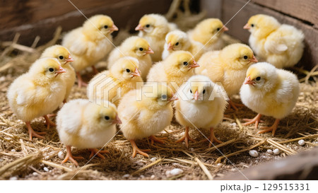 Group of fluffy yellow chicks standing on straw in a wooden pen, creating a warm and lively farm atmosphere 129515331
