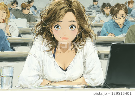 美優シリーズ若い女性が学校でAIを使ったプレゼン資料を見ているシーン — 教室でのデジタル学習シーン 129515401