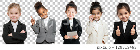 Diverse kids dressed as businesswomen isolated on transparent background PNG set, 5 cute girls, White, Black, Asian, Hispanic, and Indian wearing suit. Diverse kids dressed as businesswomen isolated on transparent background PNG set, 5 cute girls, White, Black, Asian, Hispanic, and Indian wearing suit. 129515465