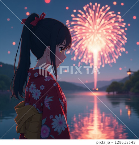 イラスト風 懐かしい宇治川の花火大会 イラスト風 懐かしい宇治川の花火大会 129515545