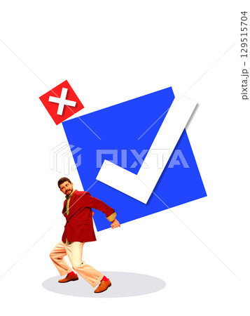 Creative composition of man carrying giant blue check icon with small red cross 129515704