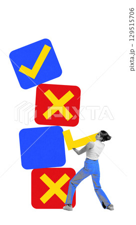 Contemporary collage of woman balancing colorful check and cross icons 129515706
