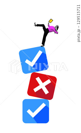 Modern collage of businesswoman balancing on stacked checkmark and cross icons Modern collage of businesswoman balancing on stacked checkmark and cross icons 129515711
