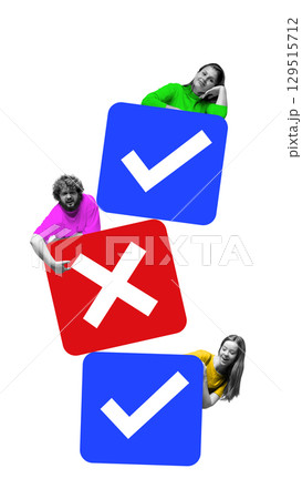 Creative digital artwork of people with checkmarks and crosses expressing agreement and disagreement Creative digital artwork of people with checkmarks and crosses expressing agreement and disagreement 129515712