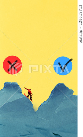 Bold colorful poster of snowboarder between wrong and correct choice 129515713