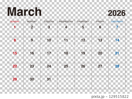 2026年3月のカレンダー 日曜始まり 日本の祝日表記無し 2026年3月のカレンダー 日曜始まり 日本の祝日表記無し 129515822