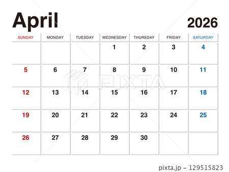 2026年4月のカレンダー 日曜始まり 日本の祝日表記無し 129515823