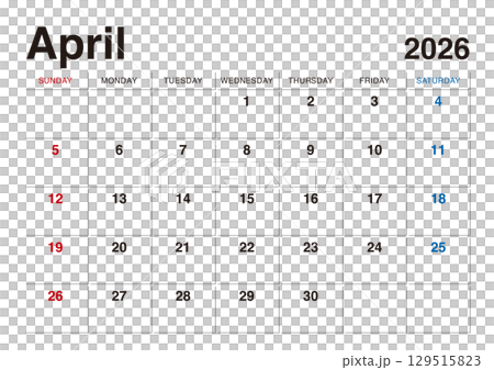 2026年4月のカレンダー 日曜始まり 日本の祝日表記無し 129515823