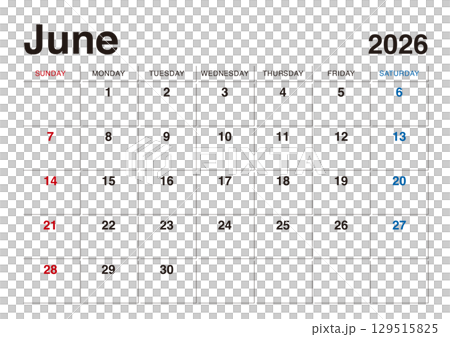 2026年6月のカレンダー 日曜始まり 129515825
