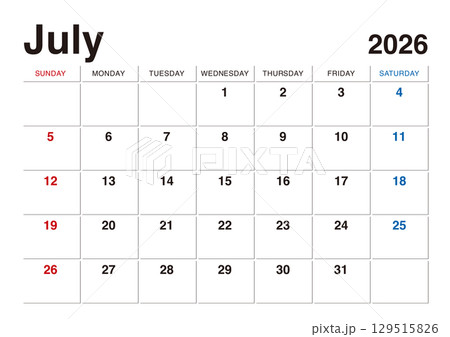 2026年7月のカレンダー 日曜始まり 日本の祝日表記無し 2026年7月のカレンダー 日曜始まり 日本の祝日表記無し 129515826