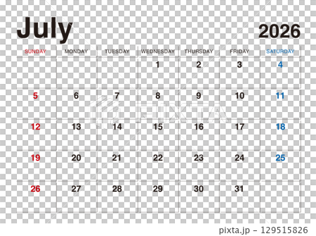 2026年7月のカレンダー 日曜始まり 日本の祝日表記無し 2026年7月のカレンダー 日曜始まり 日本の祝日表記無し 129515826