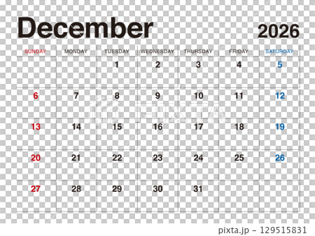 2026年12月のカレンダー 日曜始まり 129515831