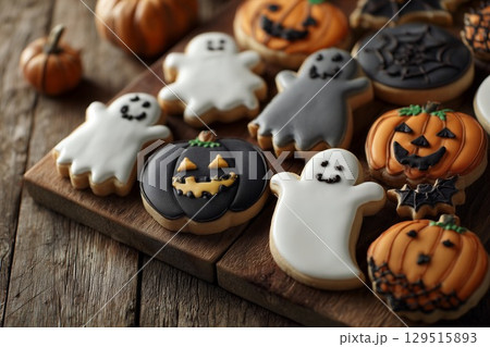 ハロウィンの手作りお菓子と飾り付け 129515893
