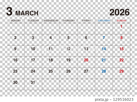 2026 年 3 月曆從星期一開始 129516023