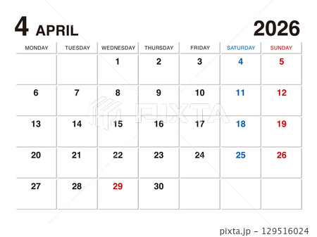 2026年4月のカレンダー 月曜始まり 129516024