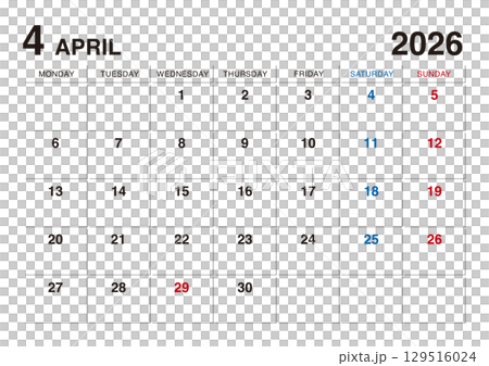 2026年4月のカレンダー 月曜始まり 129516024