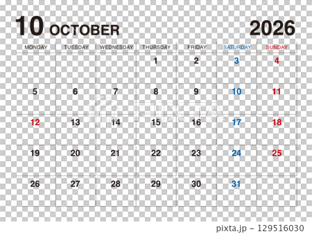 October 2026 calendar starts on Monday 129516030