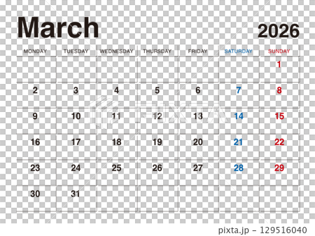 2026 年 3 月曆從星期一開始，無日本假期 129516040