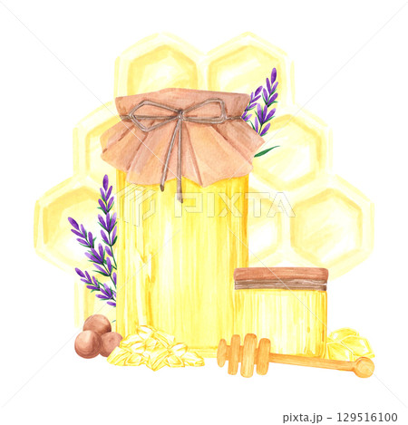 Golden honey composition with lavender, hand drawn watercolor jar and dipper illustration isolated on white background. Can be used for label, postcard scrapbook and other printed products. 129516100