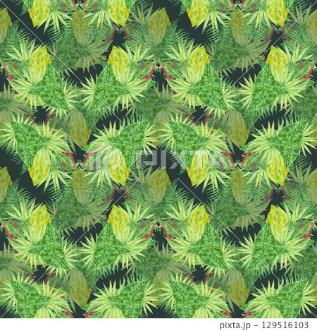 Tropical leaves seamless pattern, hand drawn watercolor rainforest bushes illustration isolated on dark background. Can be used for textile, fabric and other printed products. Tropical leaves seamless pattern, hand drawn watercolor rainforest bushes illustration isolated on dark background. Can be used for textile, fabric and other printed products. 129516103