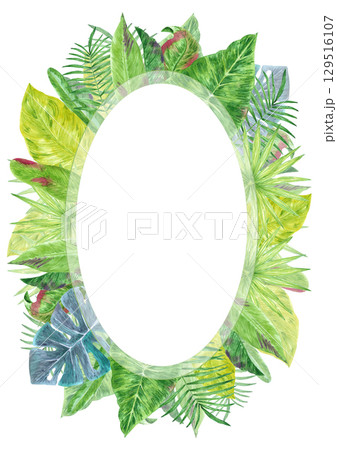 Tropical leaves wreath post card frame border, hand drawn watercolor illustration isolated on white background. Can be used for cards, invitation and other printed products. Tropical leaves wreath post card frame border, hand drawn watercolor illustration isolated on white background. Can be used for cards, invitation and other printed products. 129516107