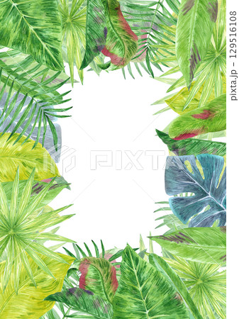 Tropical leaves wreath post card frame border, hand drawn watercolor illustration isolated on white background. Can be used for cards, invitation and other printed products. 129516108