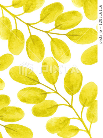 Hand drawn watercolor autumn yellow leaves poster isolated on white background. Can be used for post card invitation and other printed products. 129516116
