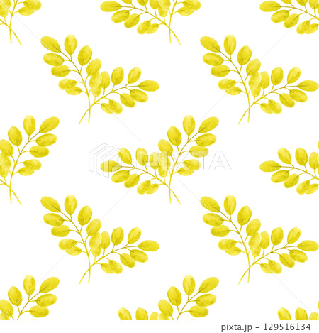 Hand drawn watercolor autumn yellow leaves composition seamless pattern isolated on white background. Can be used for textile, fabric and other printed products. 129516134