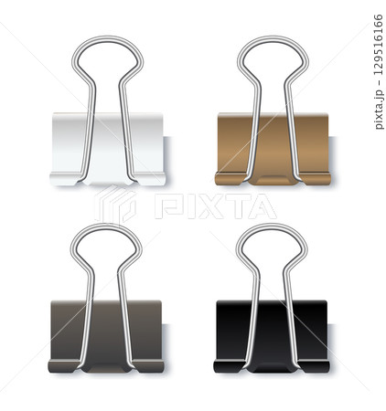 Realistic paper clips. Black white gold, silver binder clip, paper holder. Vector 129516166
