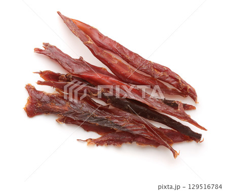 Top view of dried salted fish strips 129516784