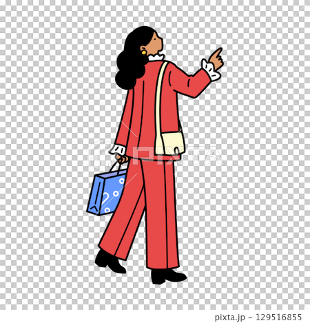 Illustration of a woman pointing and looking up. A fashionable person enjoying shopping. Illustration of a woman pointing and looking up. A fashionable person enjoying shopping. 129516855