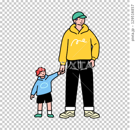 An illustration of a father holding hands with his child. A father and child going out on a holiday. A single father and son. 129516857