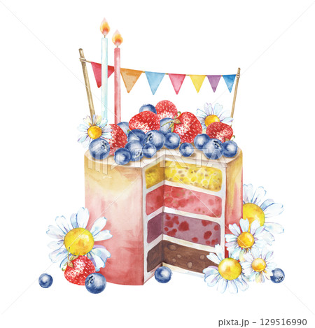 Watercolor illustration of a festive berry cake with hand-drawn decor. A sweet dessert with lighted candles, flags, ripe berries and white daisies. A template for postcards, invitations, and business  129516990