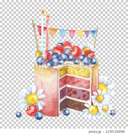 Watercolor illustration of a festive berry cake with hand-drawn decor. A sweet dessert with lighted candles, flags, ripe berries and white daisies. A template for postcards, invitations, and business  129516990