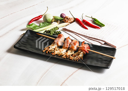 Thai Street foof satay with bacon and mushroom 129517018