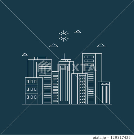 Cityscape line art illustration. Urban landscape in monochrome line art style. Vector illustration 129517425