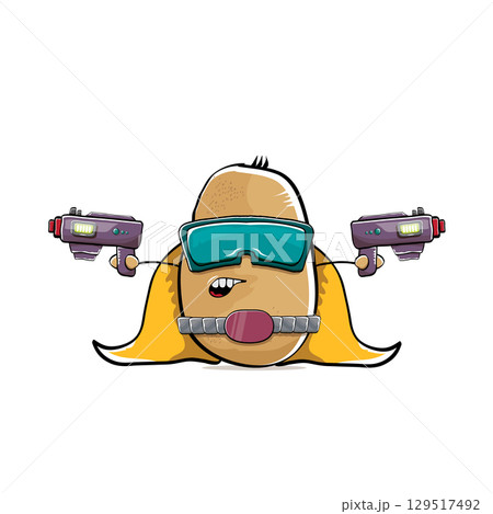 vector funny cartoon cute brown super hero potato with mask, orange hero cape and gun isolated on white background. My name is potato vector concept. Super hero funky vegetable food character vector funny cartoon cute brown super hero potato with mask, orange hero cape and gun isolated on white background. My name is potato vector concept. Super hero funky vegetable food character 129517492