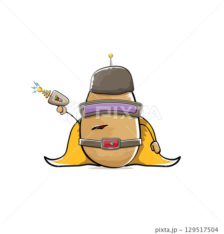 vector funny cartoon cute brown super hero potato with mask, orange hero cape and gun isolated on white background. My name is potato vector concept. Super hero funky vegetable food character 129517504
