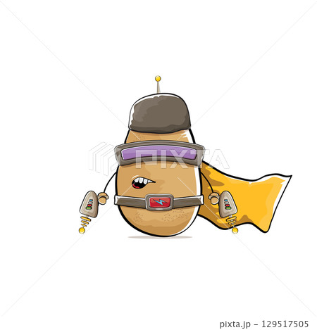 vector funny cartoon cute brown super hero potato with mask, orange hero cape and gun isolated on white background. My name is potato vector concept. Super hero funky vegetable food character 129517505