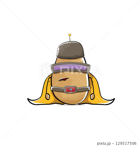 vector funny cartoon cute brown super hero potato with mask, orange hero cape and gun isolated on white background. My name is potato vector concept. Super hero funky vegetable food character 129517506