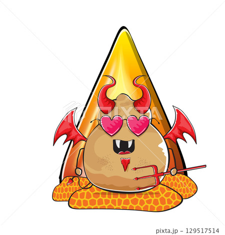 vector funny cartoon cute demon potato with fangs, trident and red wings isolated white background. Demon monster vegetable funky character with fire and magma. Happy halloween greeting card banner 129517514