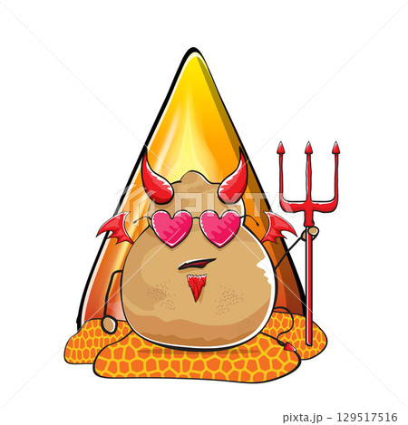 vector funny cartoon cute demon potato with fangs, trident and red wings isolated white background. Demon monster vegetable funky character with fire and magma. Happy halloween greeting card banner vector funny cartoon cute demon potato with fangs, trident and red wings isolated white background. Demon monster vegetable funky character with fire and magma. Happy halloween greeting card banner 129517516