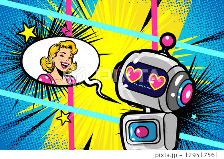 Vector illustration futuristic thinking about Pop art girl in a pink polka dot dress 129517561