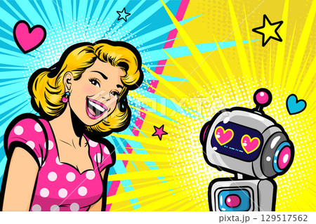 Vector illustration Pop art girl in a pink polka dot dress fall in love a futuristic robot. 129517562