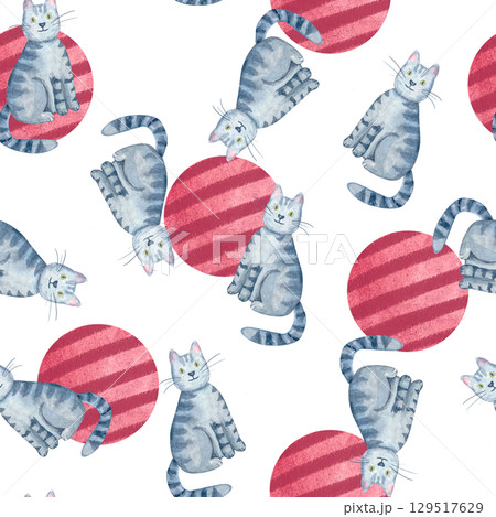 Playful gray tabby cats, striped red balls on white background. Seamless watercolor pattern isolated on white. Fun, hand-painted design ideal for apparel, accessories, wrapping paper, creative decor 129517629