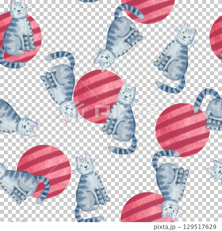 Playful gray tabby cats, striped red balls on white background. Seamless watercolor pattern isolated on white. Fun, hand-painted design ideal for apparel, accessories, wrapping paper, creative decor 129517629