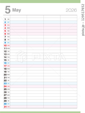 4人分の予定が書込み可能な2026年5月のカレンダーです。 4人分の予定が書込み可能な2026年5月のカレンダーです。 129517652