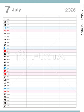 4人分の予定が書込み可能な2026年7月のカレンダーです。 129517655