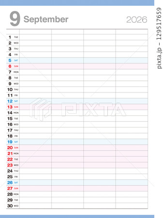 4人分の予定が書込み可能な2026年9月のカレンダーです。 4人分の予定が書込み可能な2026年9月のカレンダーです。 129517659