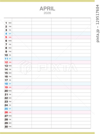 4人分の予定が書込み可能な2026年4月のカレンダーです。 129517684